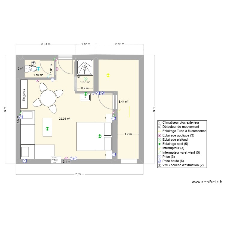 Chambre étage landaise. Plan de 5 pièces et 34 m2