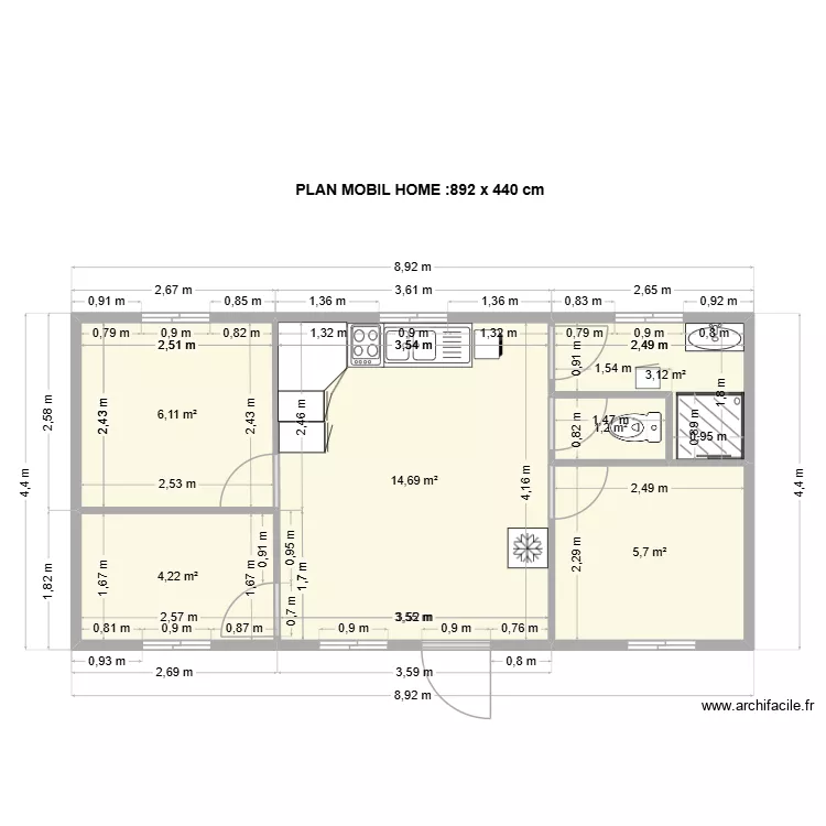 mobil home 892x440 cm. Plan de 6 Pièces et 35 m²