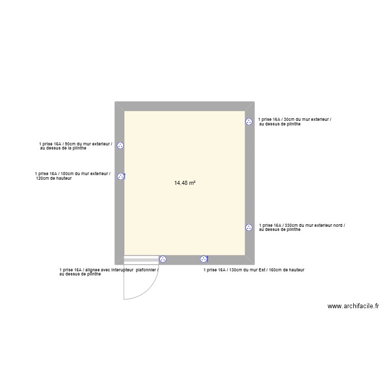 prises chambres Nord. Plan de 1 pièce et 14 m2