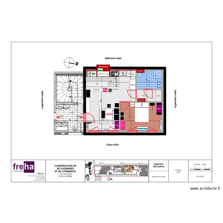 Appart Montreuil 2. Plan de 3 pièces et 68 m2