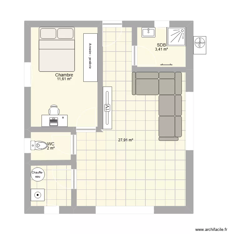 Pool House Terry. Plan de 4 Pièces et 45 m²