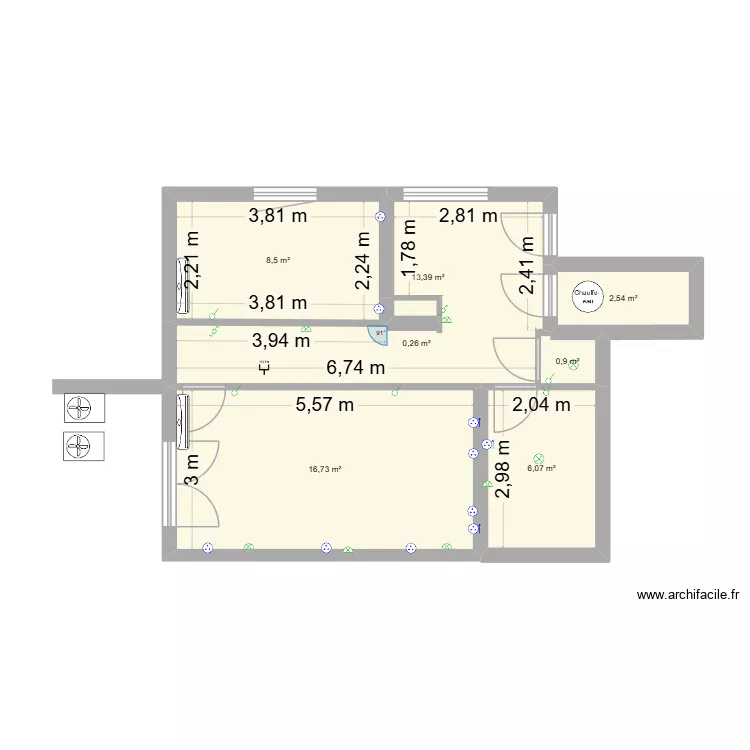 T2 RDC2. Plan de 7  et 48 m²