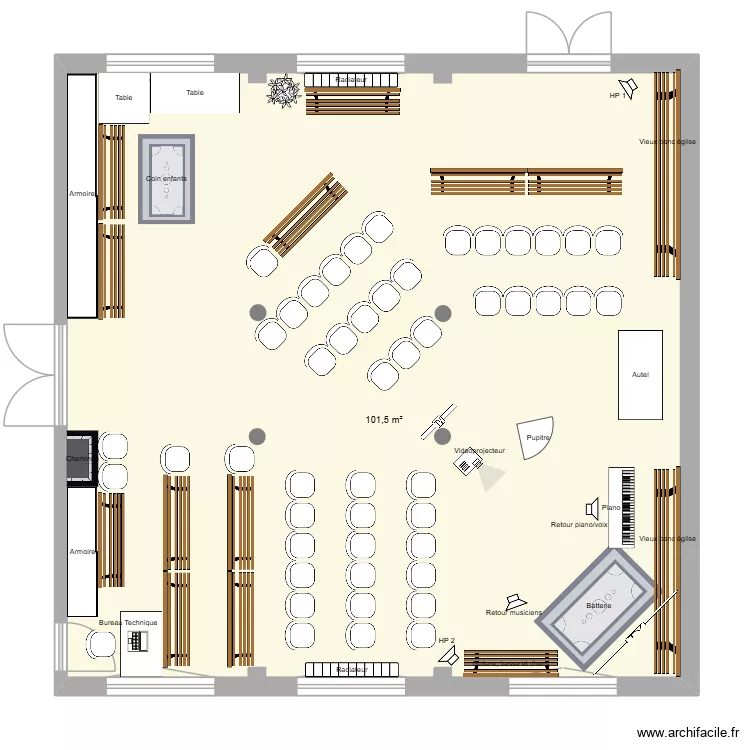 eglise. Plan de 1  et 102 m²