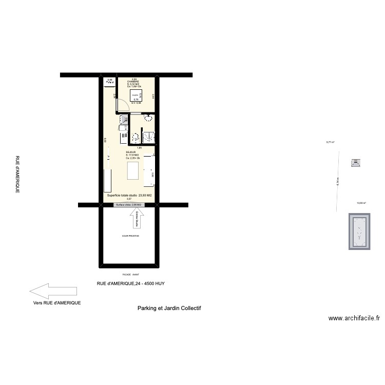 amérique. Plan de 3 pièces et 44 m2