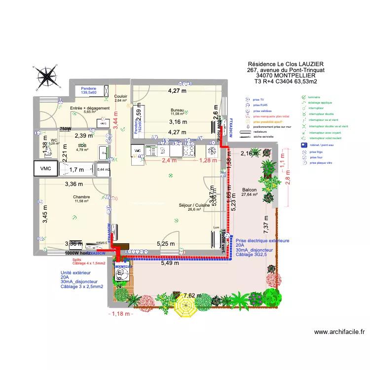 T3 C3404 _ Le Clos LAUZIER_Bat C Projet clim. Plan de 8  et 91 m²