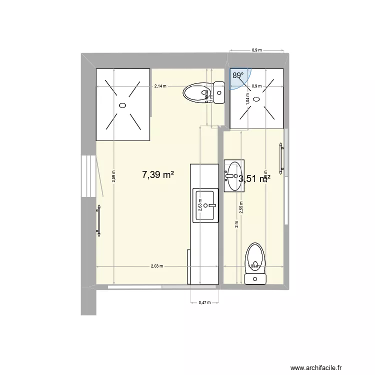 Salle d'eau 2. Plan de 2 Pièces et 11 m² Salle d'eau 2. Plan de 2 Pièces et 11 m²