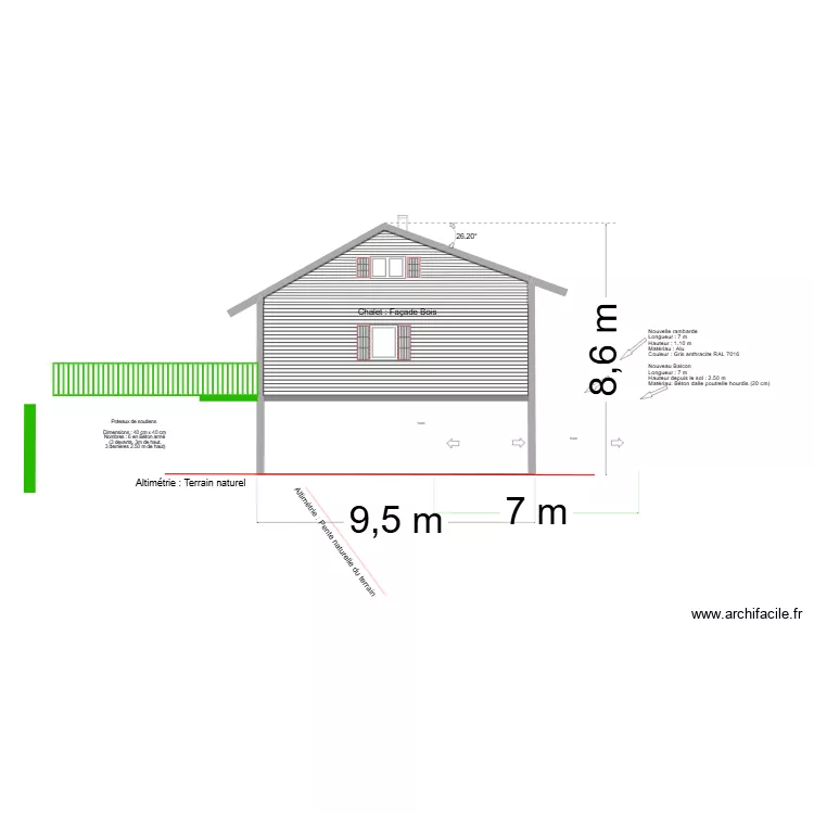 Fa&ccedil;ade  Est chalet apr&egrave;s travaux. Plan de 