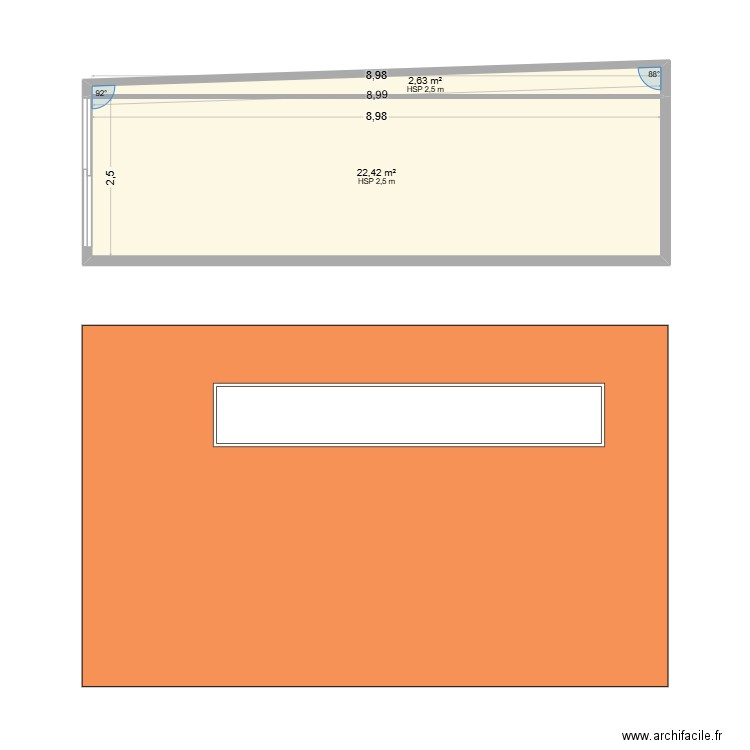 facade toiture. Plan de 2 pièces et 25 m2