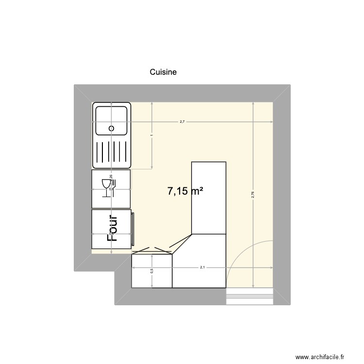 appart HLM. Plan de 1 pièce et 7 m2