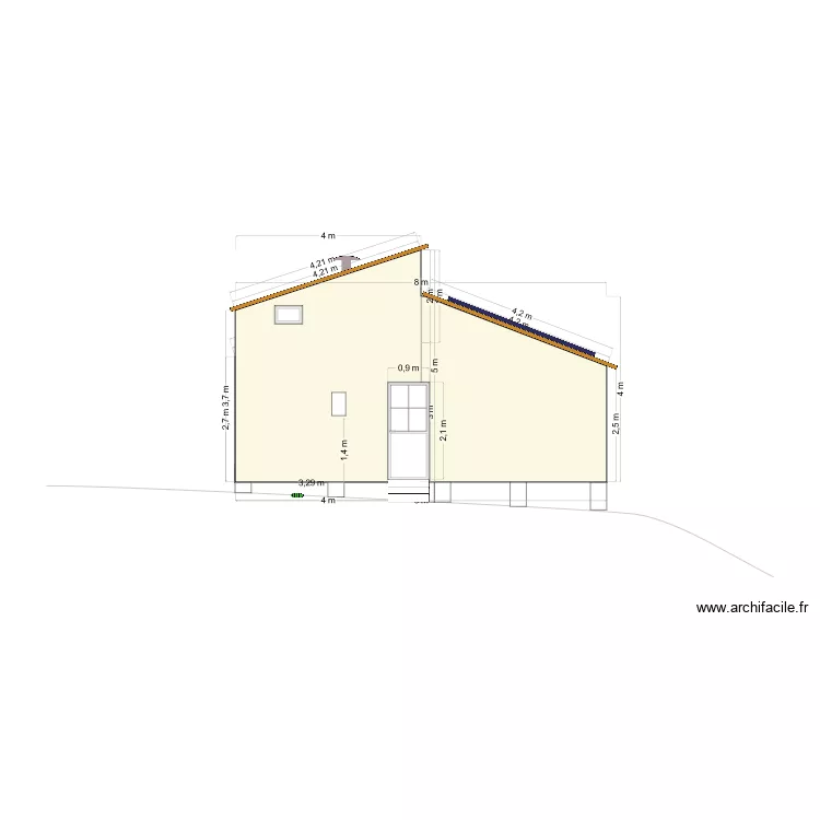 Fa&ccedil;ade cabane en L face Est. Plan de 