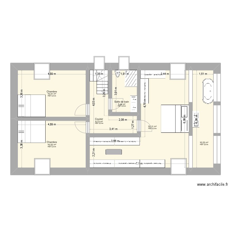 St Denis - Etage 1. Plan de 6 pièces et 90 m2