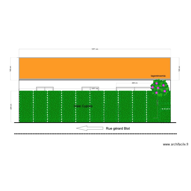 facade avec haie. Plan de 1 pièce et 16 m2