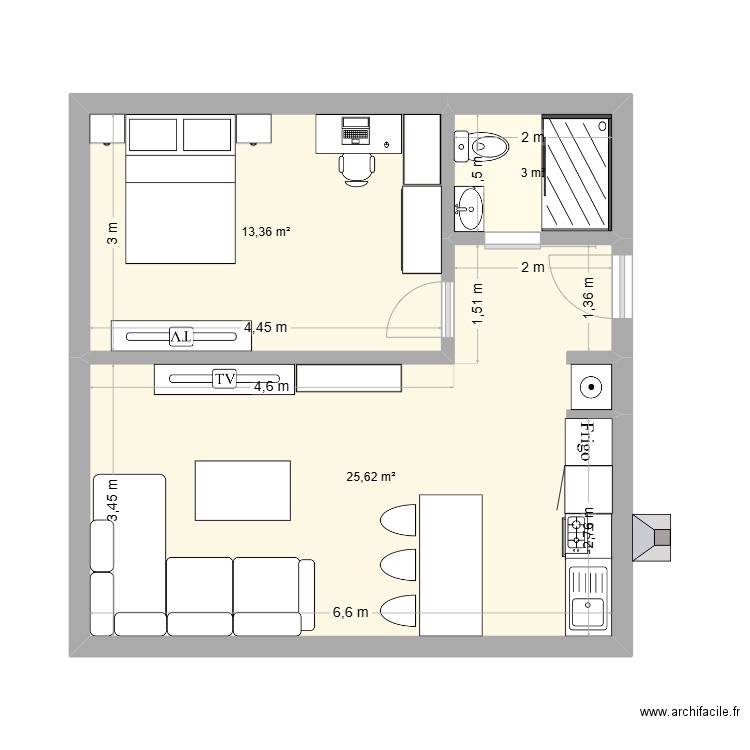 nouveau. Plan de 3 pièces et 42 m2