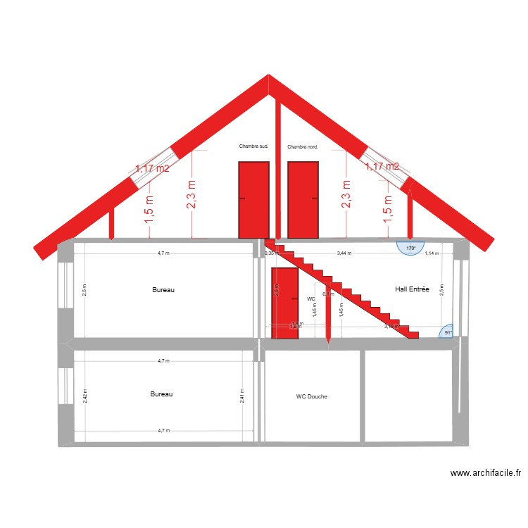 Façade EST vue en coupe 20.08.2025. Plan de 5 pièces et 47 m2