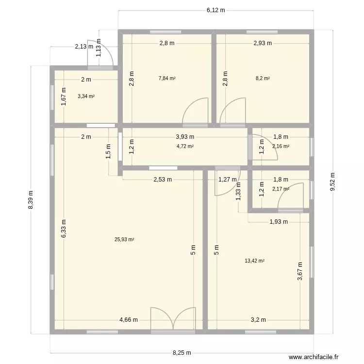 Plan 3 chambres v1. Plan de 8  et 68 m²