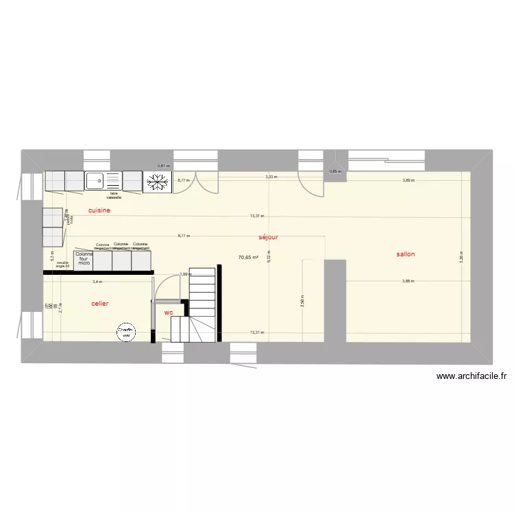 cuisine. Plan de 1  et 71 m²