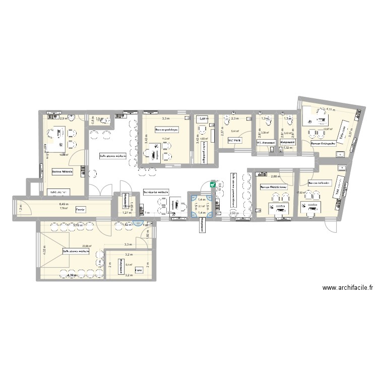 Maison de santé avec bureau option. Plan de 14 pièces et 119 m2