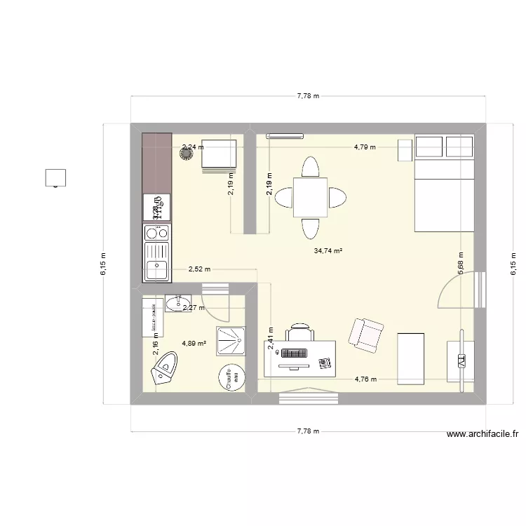 studio. Plan de 2 pièces et 40 m²