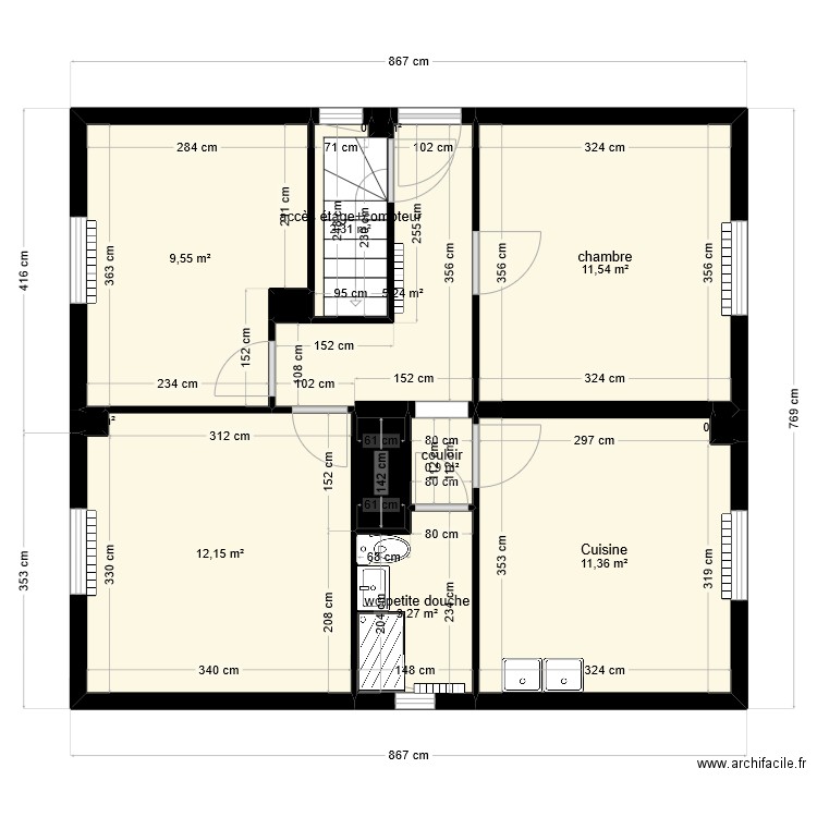 biariotte existant. Plan de 13 pièces et 57 m2