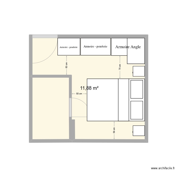 Chambre. Plan de 1 pièce et 12 m2