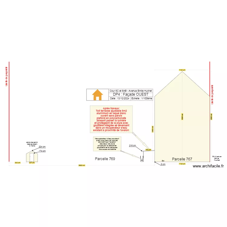 Fa&ccedil;ade Ouest Toit terrasse. Plan de 