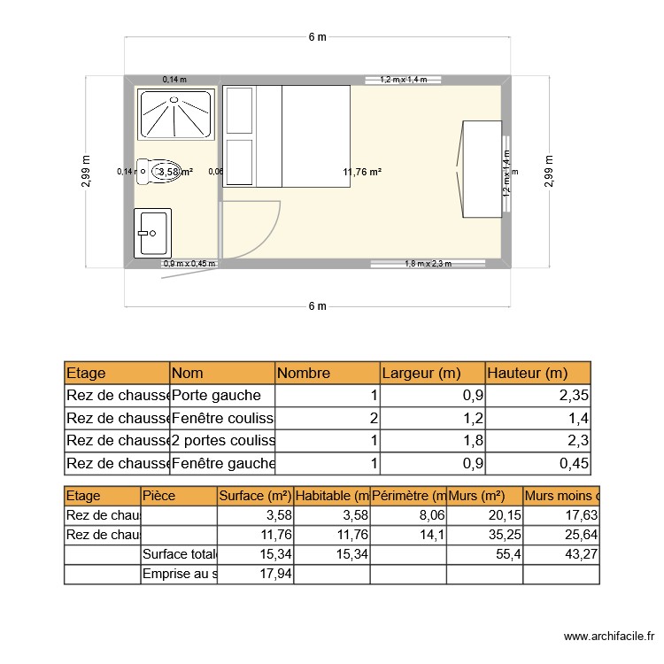 3x6 + sdb + meuble cuisine. Plan de 0 pièce et 0 m2