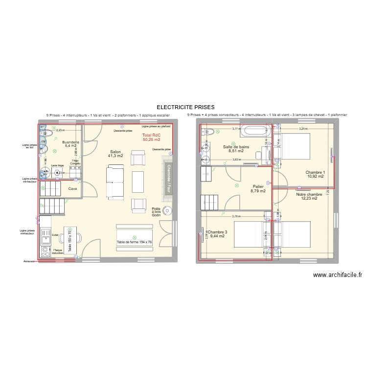 Electricité ligne 5 prises dépendances. Plan de 5 pièces et 100 m2