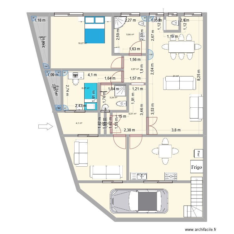 Najeh. Plan de 12 pièces et 129 m2
