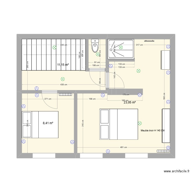 R+1 ELECTRICITE. Plan de 3 pièces et 43 m2