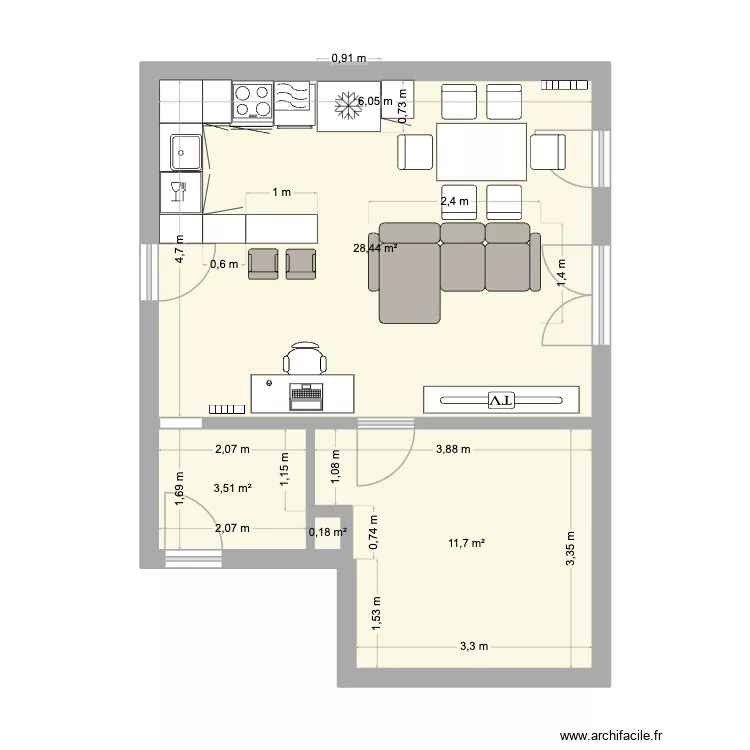 Champ 1. Plan de 4 Pièces et 44 m² Champ 1. Plan de 4 Pièces et 44 m²