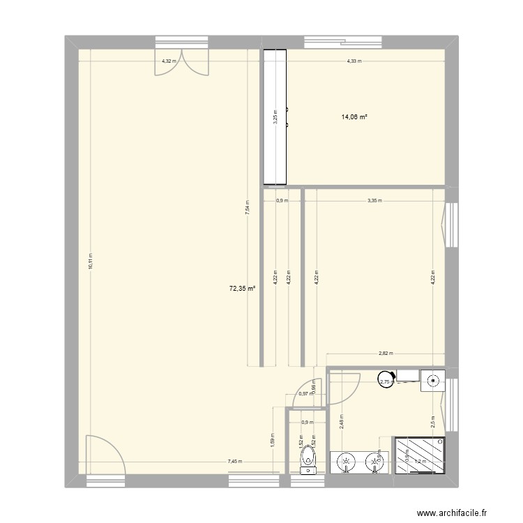 1er projet réamenagemernt. Plan de 2 pièces et 86 m2