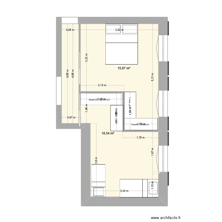 chambre. Plan de 2 pièces et 34 m2