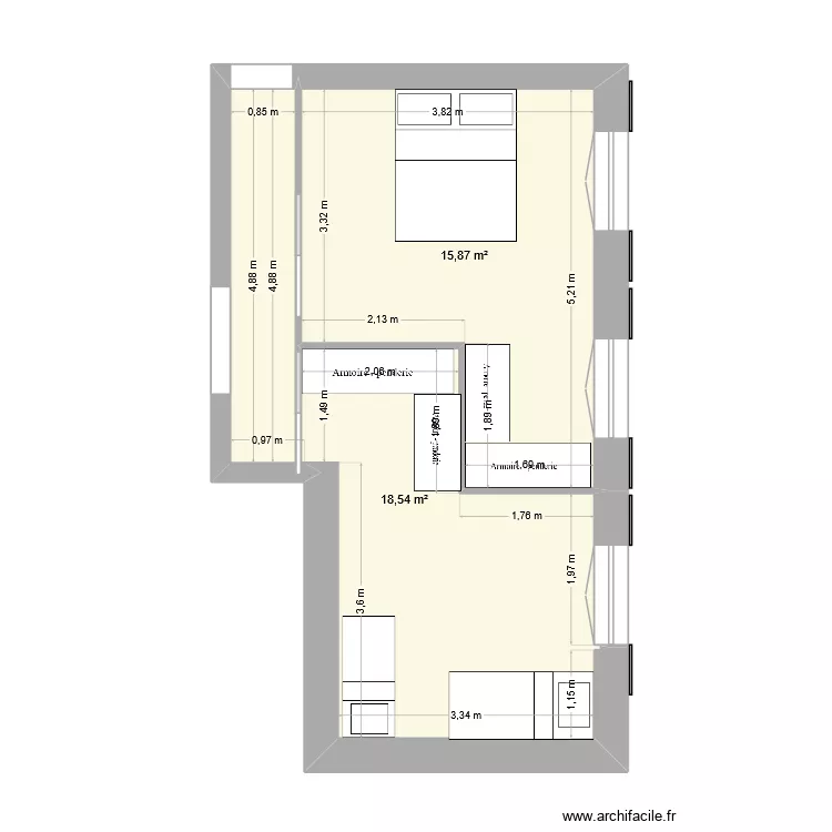 chambre. Plan de 2  et 34 m²