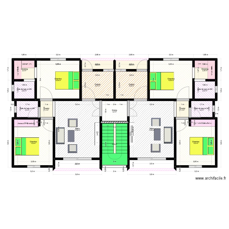 2 apparts par niveau +2 Douches/Appart. Plan de 22 pièces et 118 m2