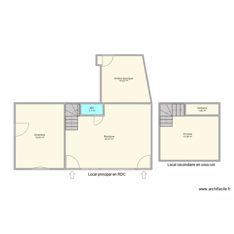 Plan local annonce avec F1. Plan de 6  et 65 m²