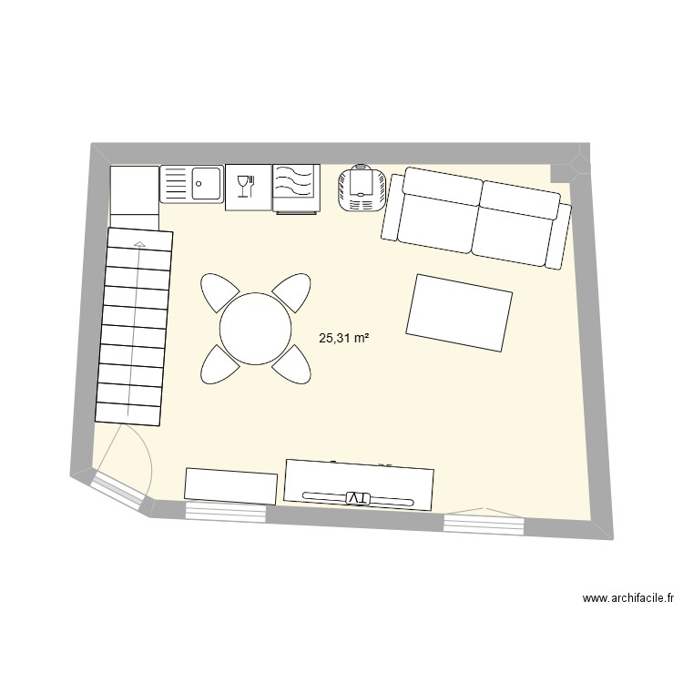 tv entre les fenêtres. Plan de 1 pièce et 25 m2