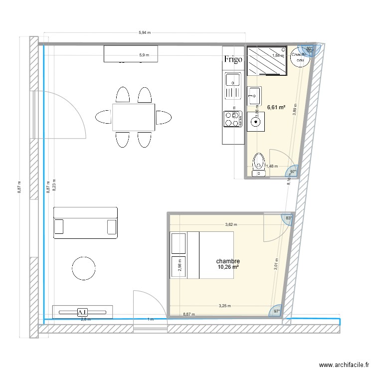 guemene t2. Plan de 2 pièces et 17 m2