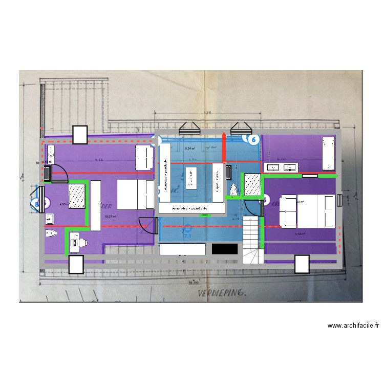 de panne etage Version definitive à realiser sans les meubles. Plan de 7 pièces et 44 m2