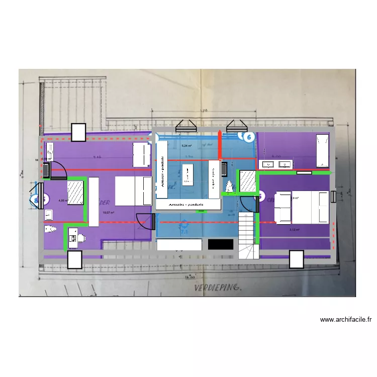 de panne etage Version definitive &agrave; realiser sans les meubles. Plan de 7 pièces et 44 m²