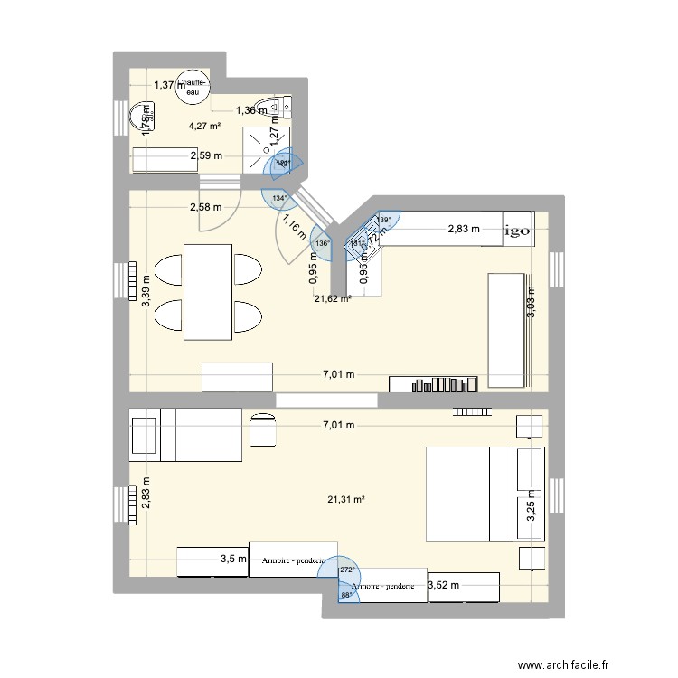 chez moi. Plan de 3 pièces et 47 m2