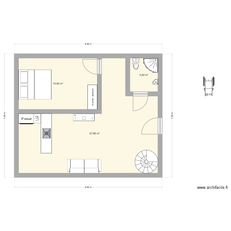 etage 1. Plan de 3 pièces et 56 m2
