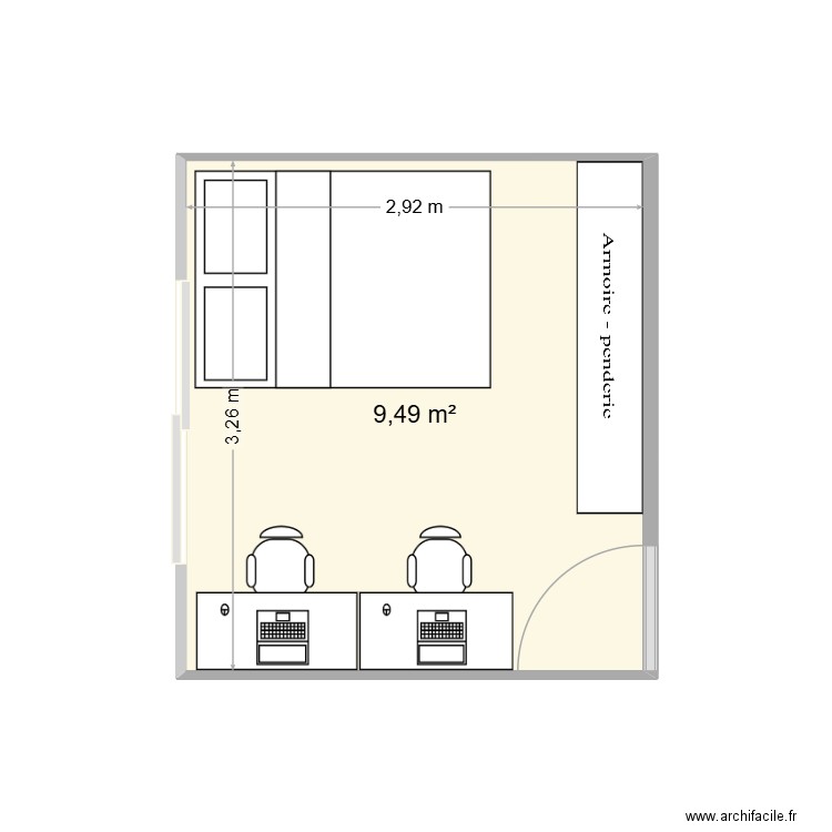 chambre. Plan de 1 pièce et 9 m2