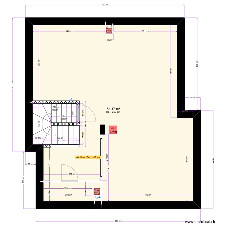 RDJ. Plan de 5 pièces et 57 m2