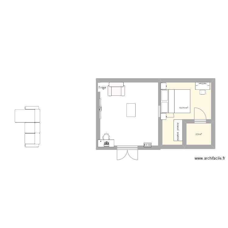 Chambre Salon Douche 7,5m x 4,5. Plan de 2 pièces et 13 m2