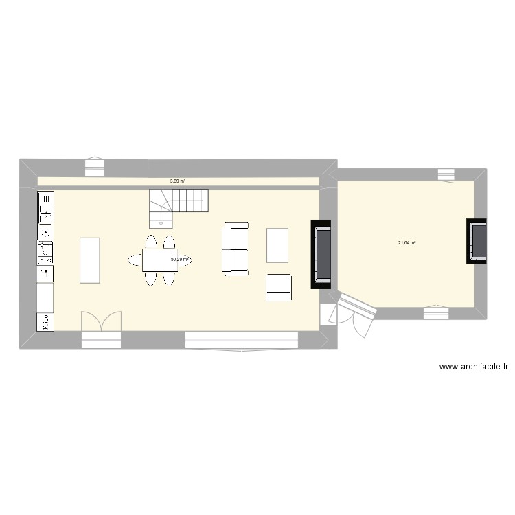 soulagnetsBaie vitrée + salle de bain rdc. Plan de 3 pièces et 75 m2