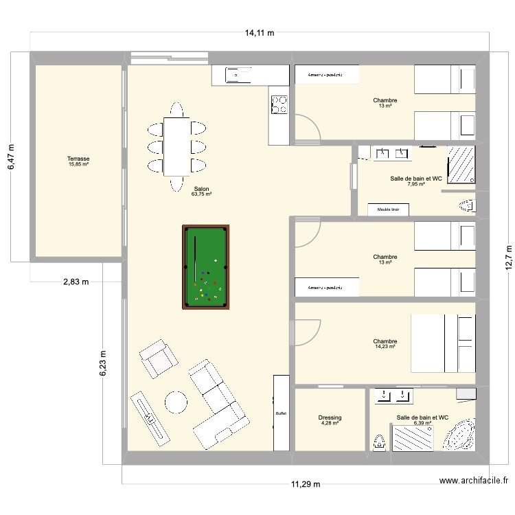 Etage. Plan de 8 pièces et 138 m2