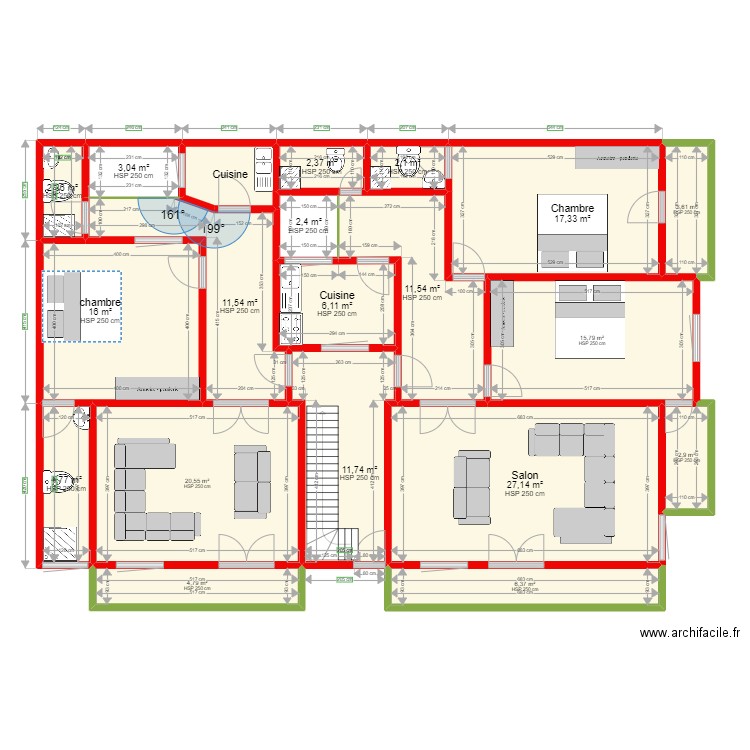 alo. Plan de 20 pièces et 176 m2