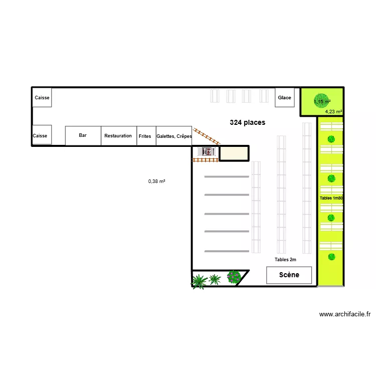 Salle des f&ecirc;tes ext&eacute;rieur. Plan de 3 Pièces et 6 m²