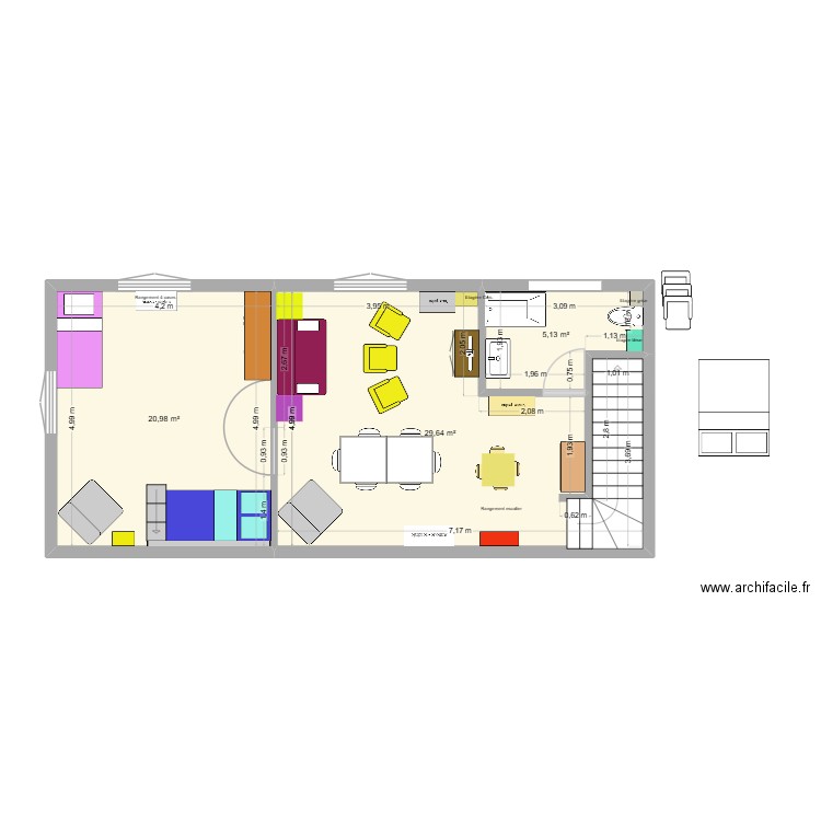 grenier. Plan de 3 pièces et 56 m2