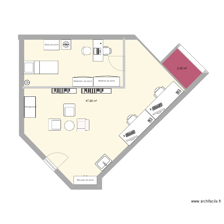 Accueil Santé-zone de soins et bureau. Plan de 2 pièces et 50 m2